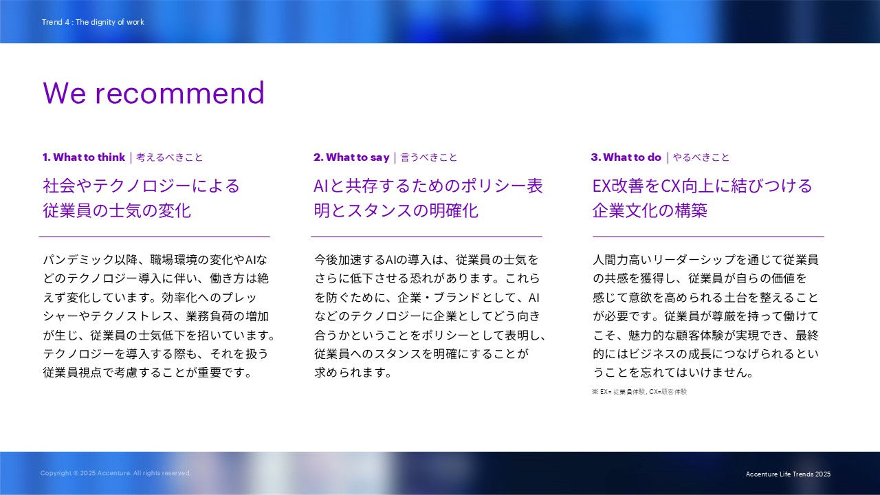 We recommendとして下記を述べています。 1. What to think     考えるべきこと：社会やテクノロジーによる従業員の士気の変化 2. What to say     言うべきこと：AIと共存するためのポリシー表明とスタンスの明確化 3. What to do     やるべきこと：EX改善をCX向上に結びつける企業文化の構築